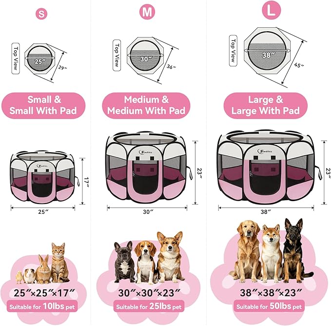 Siedihit Dog Pet Playpen Tent Crate Cage with Washable Pee Pad, Large Pink | Travel Camping Portable Pop Up Easy to Set up lightweight dog Kennel with Carrying Bag for Indoor/Outdoor Wide applicability