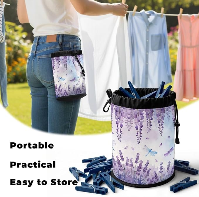 Lavender Dragonfly Drawstring Laundry Clothespin Bag, Peg Organizer Pouch with Multi-Hang Loop, Portable Storage for Clips, Perfect for Drying Rack, Camping Trips, Dorm
