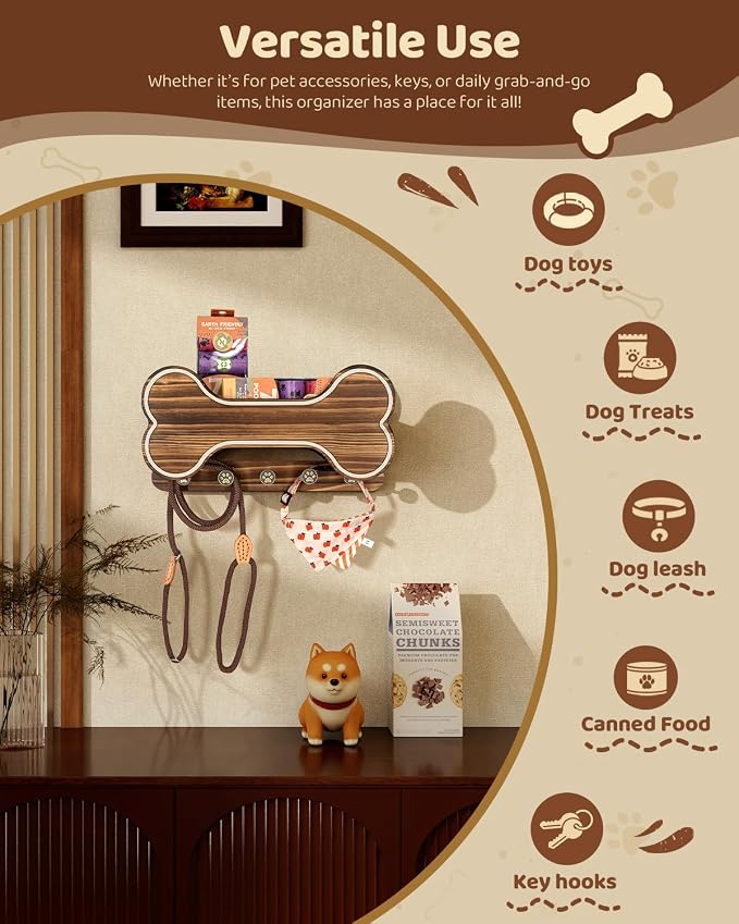 MTERSN Dog Leash Holder for Wall with Key Hooks for Dog Gear Storage, Brown | 3D Puppy Paw Hooks, Doggie Bone Shape, Key Rack with 5 Hooks, Wall Shelf for Treats & Dog Food, Ideal for Wall Decor