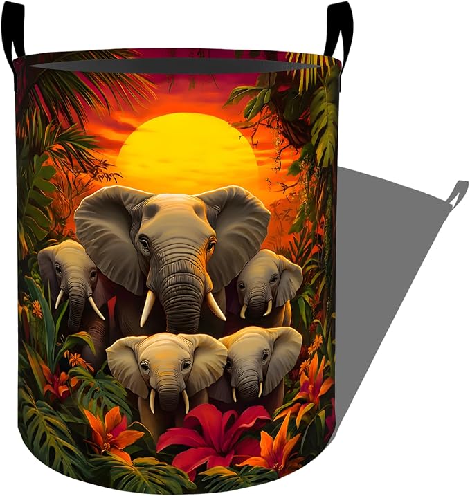 Elephant Laundry Basket, Jungle Animal Sunset Nature Storage Hamper, Round Collapsible Waterproof Cloth Bin, 19.7x15.7 Inch Tropical Clothes Organizer Gifts for Bathroom Decor
