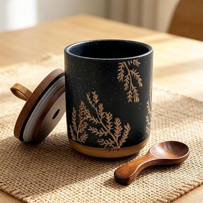 10oz Ceramic Airtight Food Storage Container with Wooden Spoon for Sugar,Matcha,Salt,Coffee,Spices,Cat Treat,Loose Leaf Tea(Black Botanical Fern Pattern)