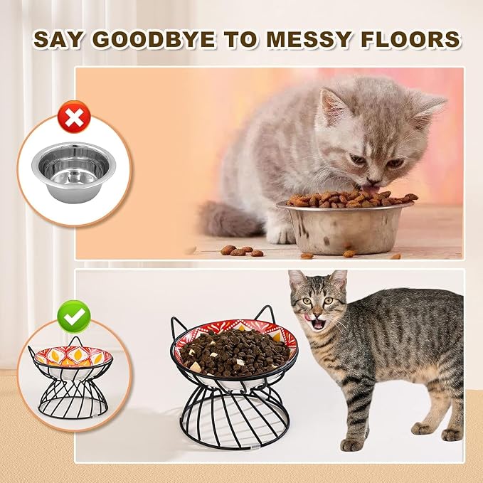 Metal Stand for Cat Dish - Raised Cat Bowl Holder with Anti Slip Sleeves - Black Iron - Elevated, Anti Vomiting, Backflow Prevention - 5.9 x 4.7 inches