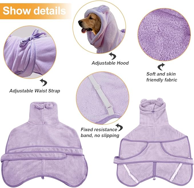 Medium to Large Size Dog Bathrobe, Quick Drying Super Absorbent, Warm Dog Towels, Adjustable Hoodies and Belts for Dog Bath Products (Purple, L-Fit for 6 to 12 pounds)