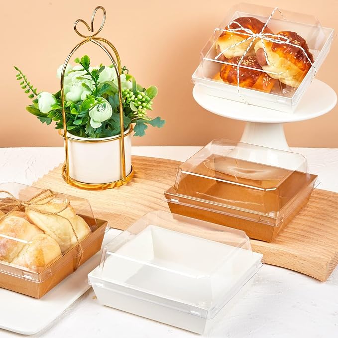 ZORRITA 50 Pack 5 Inch Paper Charcuterie Boxes with Clear Lids, White | Small, Square, To Go Food Containers, Bakery Boxes, For Mini Cake, Desserts, Cookies, Sandwiches, Strawberries