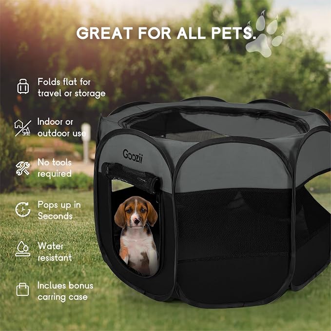 Goozii Portable Dog Playpen for Large Dogs, Collapsible Puppy Pet Cat Playpen with Zipper Top Cover (Large Size, Grey-Black)