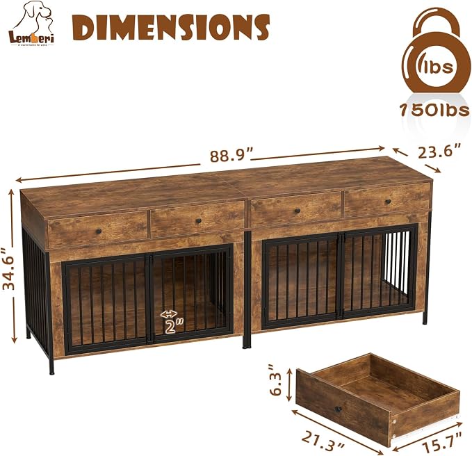 LEMBERI 44 Inch Large Dog Crate Furniture with Storage Drawers, Wooden Dog Kennel Furniture as TV Stand, Decorative Pet Cage Dog House Indoor for Dogs, Brown 2 Pack