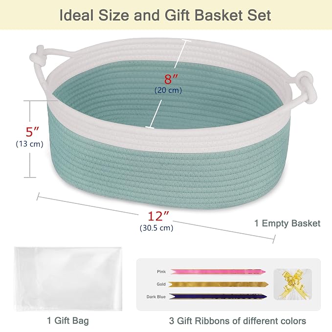 Small Empty Gift Basket with Bag & Ribbons, White & Light Green | 12“x8”x5”, Cotton Rope Woven Basket for Birthdays, Baby Showers, Mother's Day, Christmas; Stores Small Items, Kids & Pet Toys
