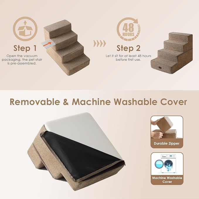 EHEYCIGA Dog Stairs for Bed 18" H, 4-Step Dog Steps for High Bed, Camel | Pet Steps for Small Dogs and Cats, Non-Slip Balanced Pet Ramp Indoor