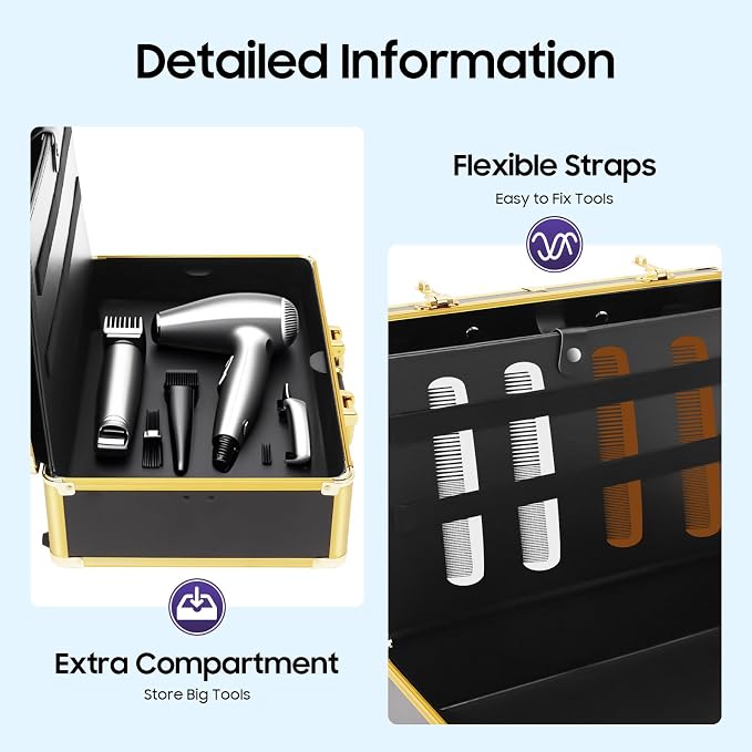 Barber Carrying Case,Large Barber Beauty Salon Tool Kits Storage,Portable Travel Carry Case for Barber Hair Stylist Pet Groomer, for Clippers Trimmers Scissors Blades Guards Shears (Gold)