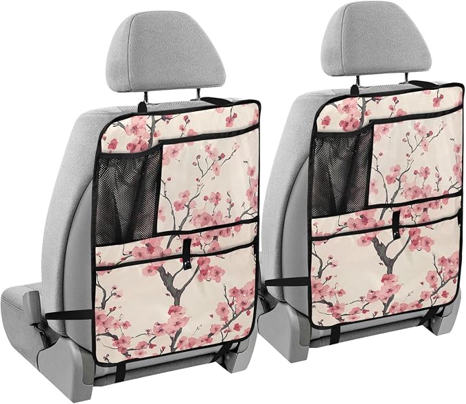 JIPONI Car Backseat Organizer, Japan Cherry Blossoms Automotive Back Seat Protector, Kick Mats with Storage Pockets for Kids Pets, Road Trip Accessories