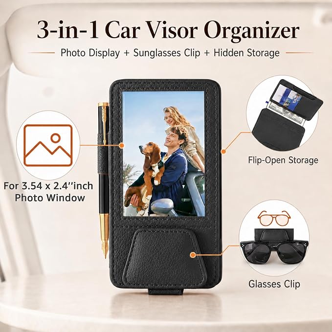 HOLDCY Car Visor Organizer with Registration Holder and Sunglasses Clip | Black PU Faux Leather With Photo Window, Flip-Open Card Storage, Slim Profile And Tool-Free Setup; 1 Piece