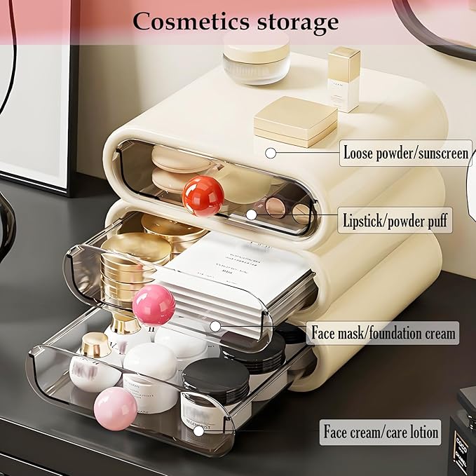 3-Tier Makeup Organizer with Clear Drawers for Vanity Desk | ABS+PET dustproof storage for Skincare/Stationery/Hair Accessories. Ideal for Women/Students/Girls in Bathroom/Desk/Dorm
