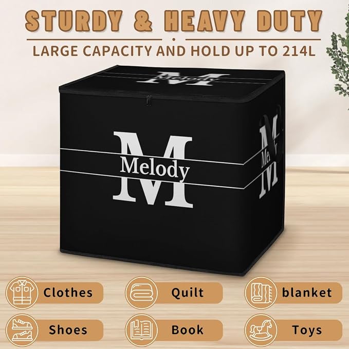 Custom Name Storage Bin with Lid, Personalized Extra Large Black Storage Basket with Handles Zippers for Organizing Comforters, Blankets, Bedding Closet Shelf Baskets, Initial Letter