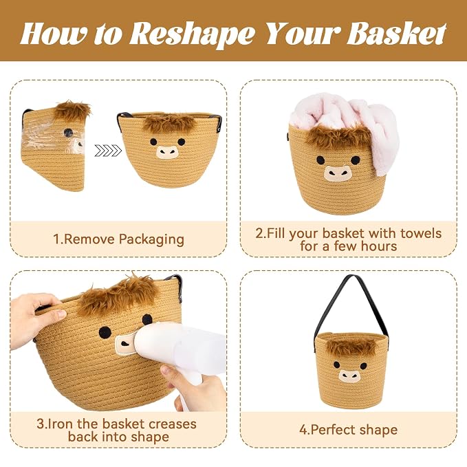 2 Pack Highland Cow Cotton Rope Basket - Cute Brown Basket with Handle for Plants, Toys & Baby Stuff, Western Nursery Decor, Baby Gift Box (7.8"x7")