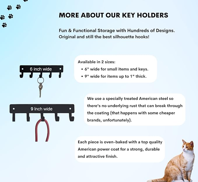 Cat #2 Kitten Key Rack & Hanger - Small 6 inch | Made in USA; Wall Mounted, 5 Hooks
