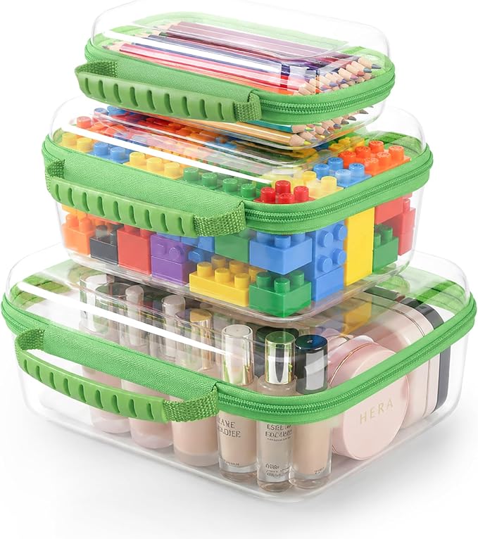 3 Pack Hard Shell Zipper Cases Clear Deep Bottom PET Plastic Waterproof | Storage Pouches Travel Organizer Bags for Makeup Toys Art Supplies Home Organization