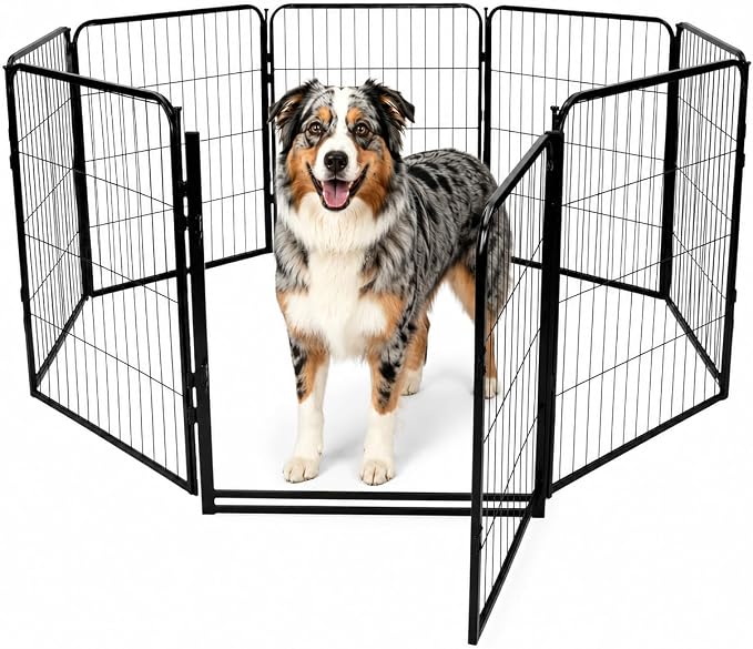 Dog Play Pen for Outdoor Use - 32'', 8 Panels for Small and Medium Size Dogs - Portable Playpen Kennel for RV, Camping, and Yard - Heavy Duty Pet Fence w/Black Rust Resistant Coating
