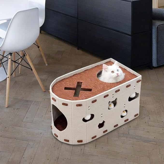 Cat House Scratch Condo Pet Toys Meal Claws Scratches with an Interactive Hole Felting Bed for Several Cats, Beige