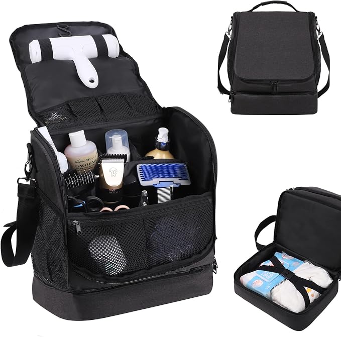 Dog&Cat Grooming Supplies Bag,Adjustable Compartments Grooming Bag for Pet | Wall Mounted Dog Grooming Bag/Cat Grooming Bag for Dog Clippers/Wipes/Hair Remover/Nail Trimmer/Brush/Comb/Shampoo