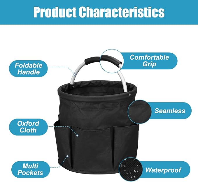 17L Portable Cleaning Bucket Organiser, 6 Pockets Foldable Cleaning Caddy with Handle Wearable Cleaning Caddy Bag for Outdoor Camping Garden Harvest Basket Home Bathroom Storage (Black)