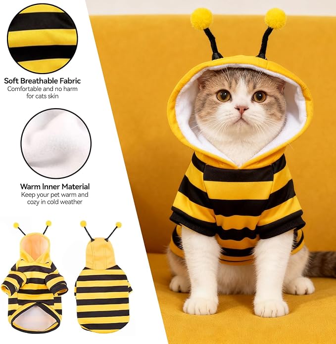 Bumblebee Cat Costume for Sphynx & Small Dogs, Fit Halloween, Yellow, M | Cute Bee Stripes Hoodie, Soft Warm Fleece, Holiday Cosplay Outfit, Daily Leisure Wear, Easy to Put, Safe for Leash Walking