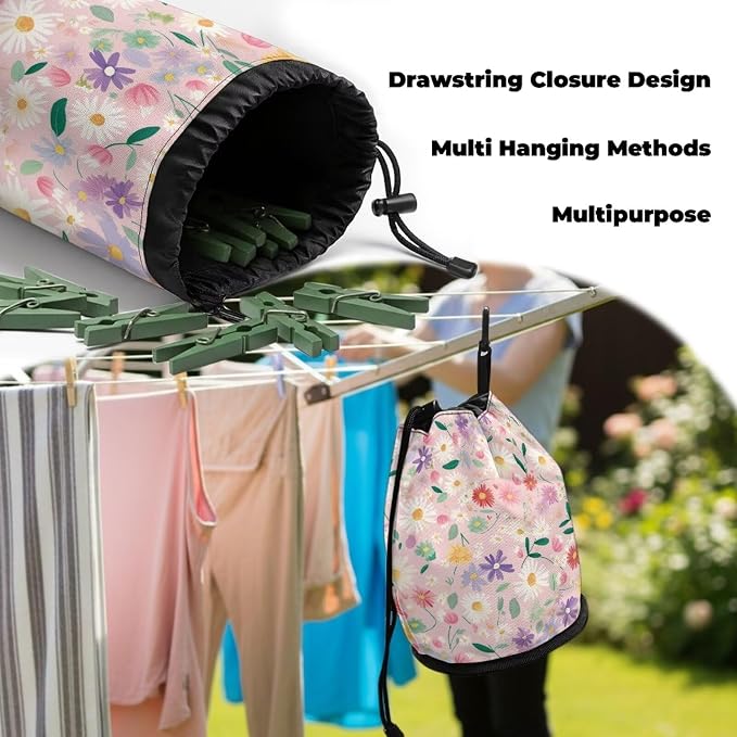 Clothespin Bag, Multi-Color Floral Large Clothes Pin Hanging Bag, Pin Bag with Large Opening for Clothes Lines Outside Yard Home Decoration