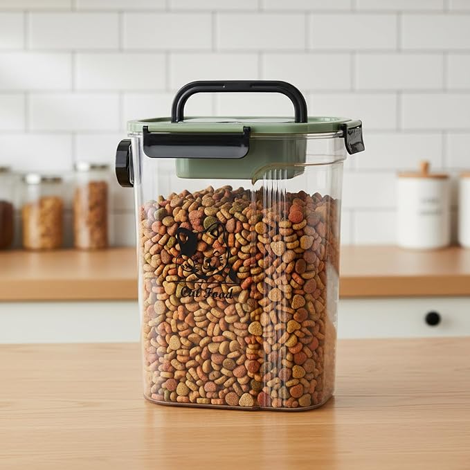Cat Food Storage Container,Pet Food Storage Bin with Side Pouring Spout and Handle,5lb Cat Treat Containers Dry Food,Airtight BPA Free Portable Cat Food Holder Storage for Oatmeal,Rice,Flour