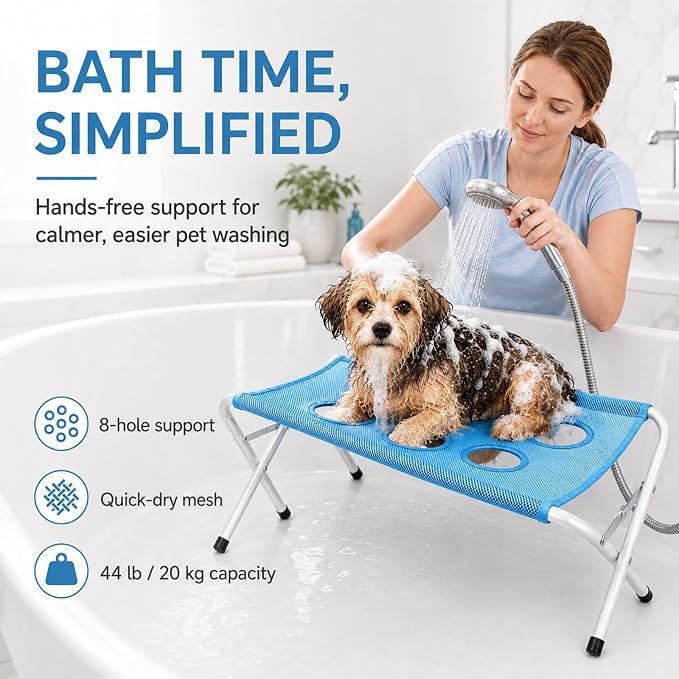 Foldable Pet Bathing Stand, Dog Grooming Hammock for Small Dogs (Gray) | Portable Dog Shower Grooming Rack, 8-Hole Quick-Dry Mesh, 44 lb Capacity, Home Washing, Trimming & Nail Care