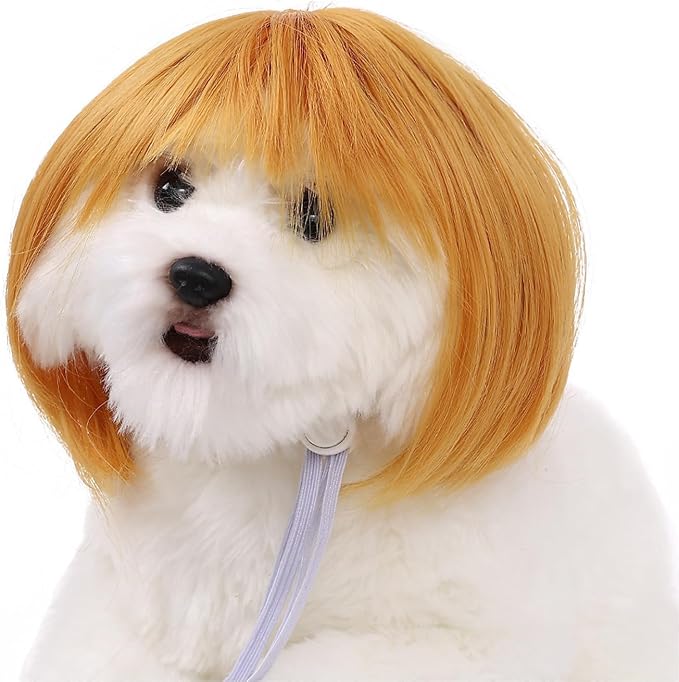 Cute Dog Wig for Small Dogs & Cat, Funny Pet Wigs Headband with Elastic Bands, 7 Inch Adjustable Dog Cat Costume Accessory for Halloween, Christmas & Cosplay (Yellow)
