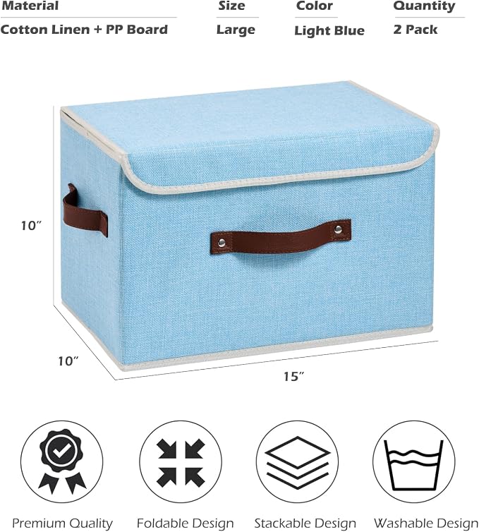 2PCS Storage Boxes with Lids Cotton Linen Fabric Bins Baskets | Decorative Collapsible Washable, Clothes Container Organizer for Closet Shelf, w/ Faux Leather Handles, Light Blue, Large