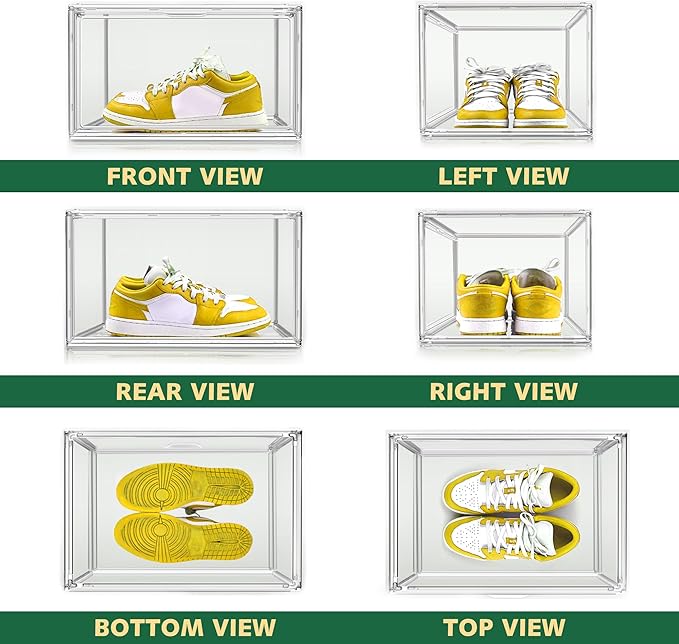 10 Pack Acrylic X-Large Sneaker Shoe Storage Size 14, Wide Magnetic Door | Acrylic Display Case Shoe Boxes Clear Plastic Stackable Bins Boot Handbag Organizer Shoe Cabinet with Magnetic Lids