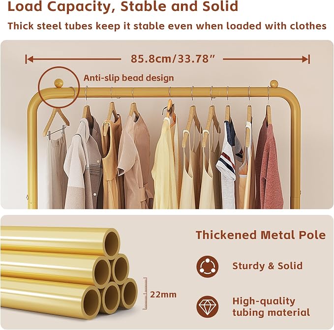 Garment Rack Clothing Clothes Rack for Clothes Organizing Gold | Standard Metal 34 Inches Garment Rack with Bottom Shelf for Hanging Clothes Coats Jackets Shirts Sweaters Jeans Gold