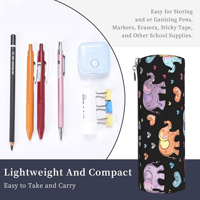 OSAM SPACE Leather Pencil Case Round Pencil Bag Cute Elephants Pen Organizer Holder Portable Zipper Pouch Cute School Supplies for Girls Boys Study Office