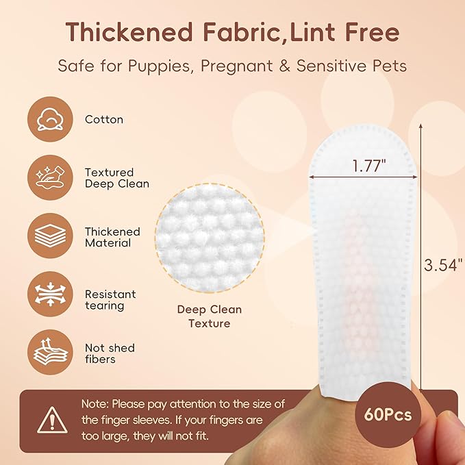 Dog Teeth Cleaning Wipes, 60 Pcs Pet Dental Cleaning Finger Wipes Tooth Brushing Kit for Dogs Cats Plaque Tartar Remove, Dog Healthy Mouth Toothbrush Finger Wipe for Pets Oral Care, Coconut Oil