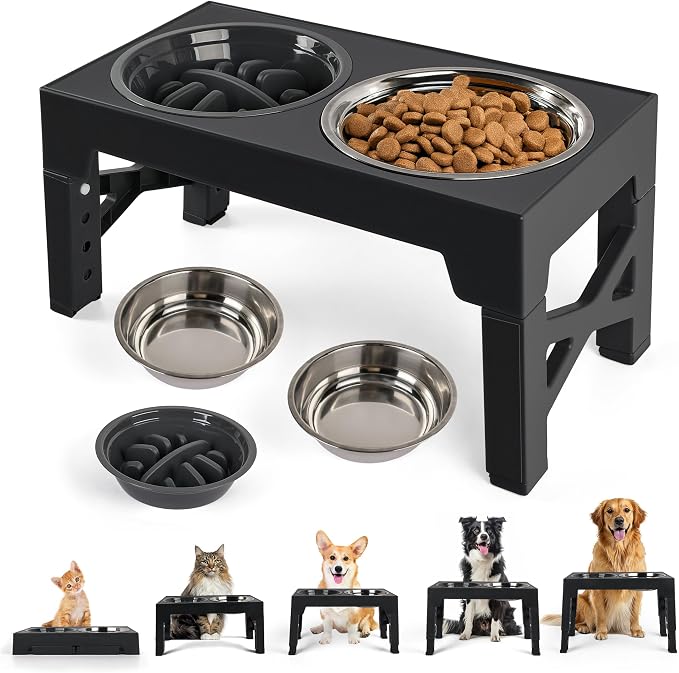 PAWISE Elevated Dog Bowls, 5 Height Adjustable Raised Dog Bowl Stand with 1 Slow Feeder Bowl & 2 Stainless Steel Bowls, Non-Slip Dog Feeding Station for Large, Medium, Small Dogs and Cats, Black