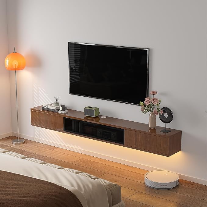FurniNova 55" Floating TV Stand for 43 50 55 60 inch TV,Modern Plywood Wall Mounted Entertainment Center with Push-to-Open Doors, High Gloss Media Console,Small Space Floating Shelf,Walnut