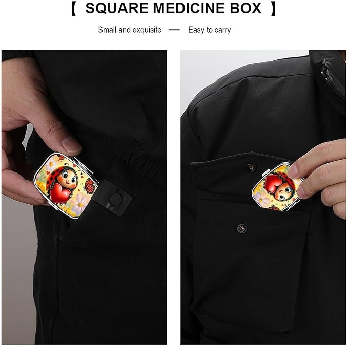 Ladybug Durable Metal Pill Case for Daily Use, 2 Slot Medicine Box Organizer,Leak Proof Travel Pill Container for Vitamins, Compact Pocket Medicine Holder for Seniors,Holiday Gift
