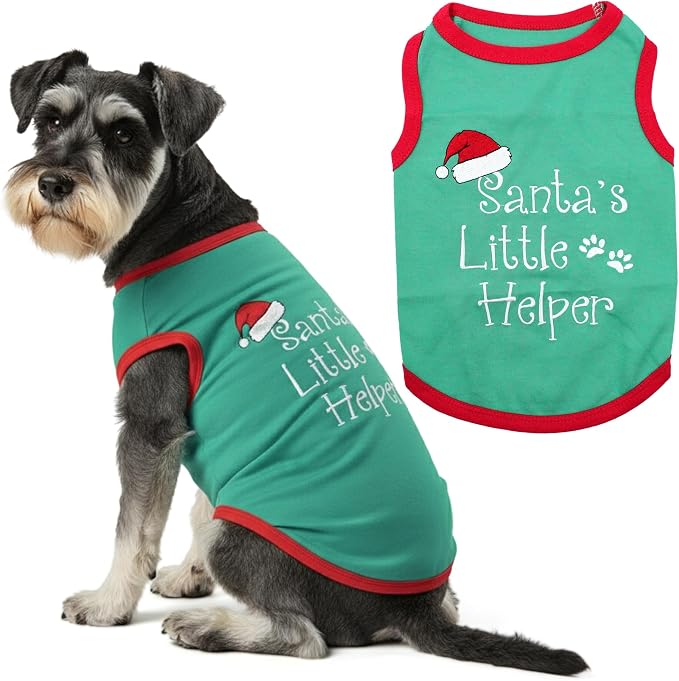 Parisian Pet Dog T-Shirt - Embroidered “Santa’s Little Helper “ Shirt - Lightweight Cotton Dog Christmas Outfit - Sleeveless Christmas Pet Clothes - Shirts for Large Dogs - 2XL