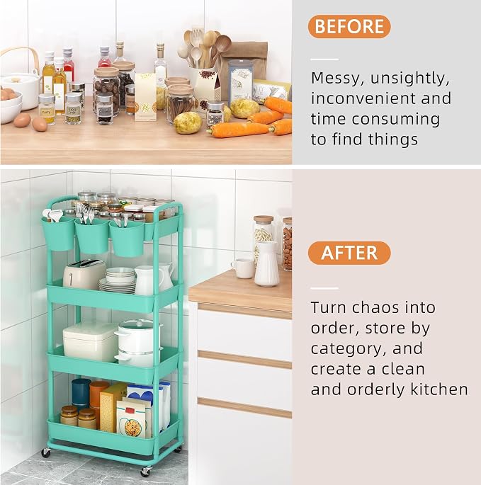 4-Tier Plastic Rolling Storage Cart Utility Cart with Extra Hanging Cups Handles Lockable Wheels for Living Room Bathroom Kitchen Office Green | Utility Cart with Extra Hanging Cups Arc-Shaped Handles Lockable Wheels for Living Room Bathroom Kitchen Of...