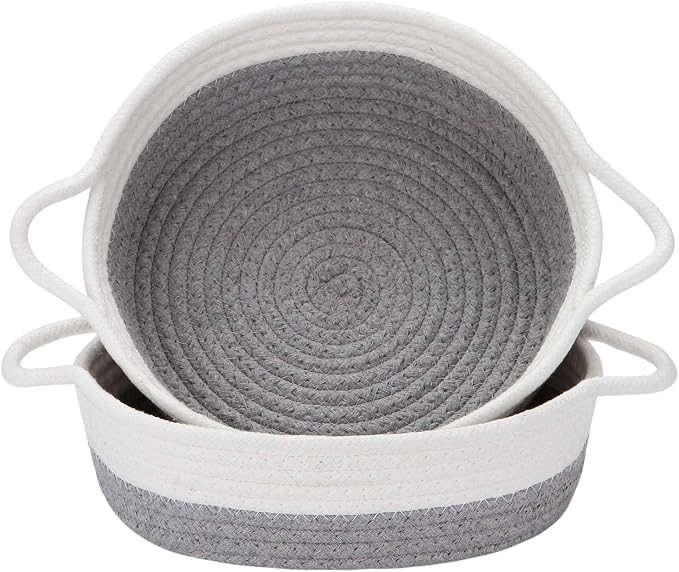 Sea Team 2-Pack Compact Woven Cotton Rope Storage Baskets, Gray | Knitted Decorative Organizer Bins with Handles, Portable Round Containers for Small Items, Keys, Makeup, Jewelry, Trinkets