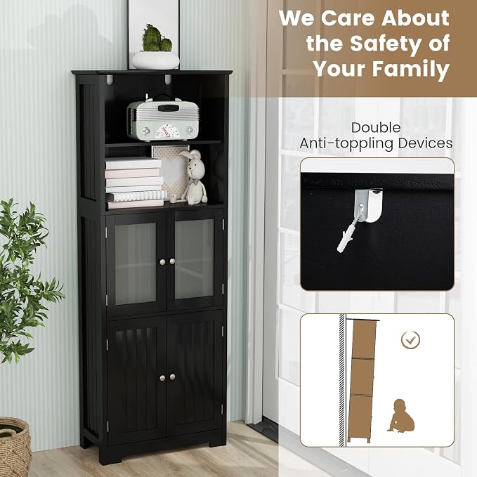 LOKO Tall Bathroom Cabinet, Modern Storage Organizer with Doors & Open Shelves, Wooden Floor Cabinet with Adjustable Shelves for Bathroom, Living Room or Kitchen (Black)