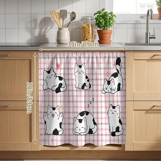 Cute Cat Cabinet Curtain 35"Wx35"L, Dustproof Under Sink Skirt with Self Adhesive Tape, Modern Playful Pet Cats Pink Brown Plaid Cabinet Curtain Cover for Kitchen Sink, Bathroom Vanity, Laundry Room