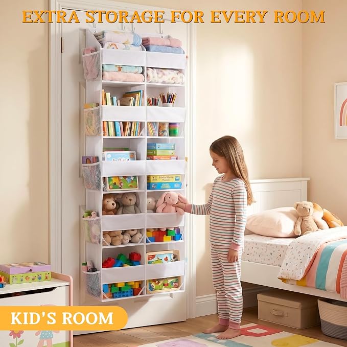 Over The Door Organizer 5 Tiers, Extra Large Behind Door Storage of 10 Compartments, 80 lbs Weight Capacity Hanging Storage Organizer with Clear Window Kids Toys, Shoes,Diapers, Room Storage, White