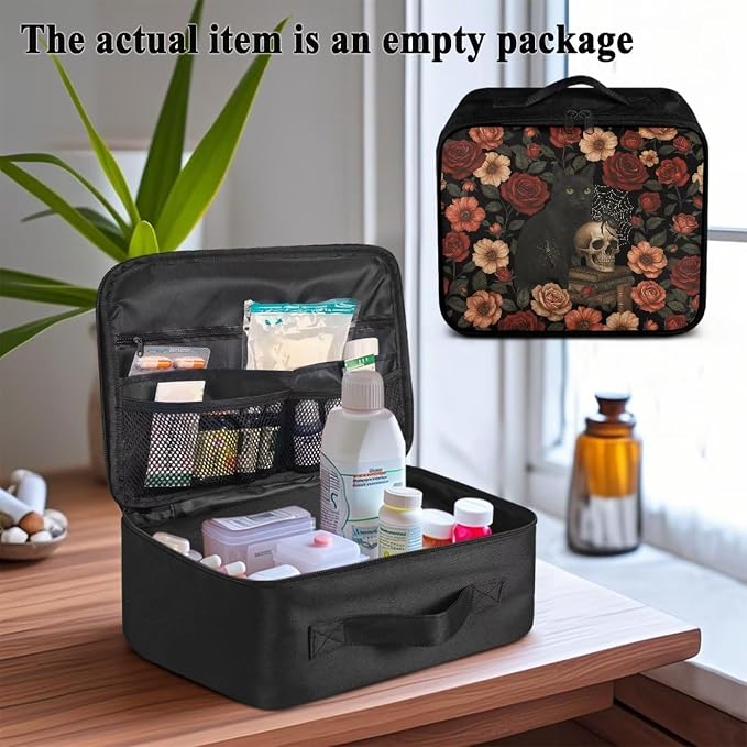 Gothic First Aid Kit Bag Floral Skull Cat Empty First Aid Bag Large Capacity for Home Office and Travel Use Lightweight Washable Soft Fabric