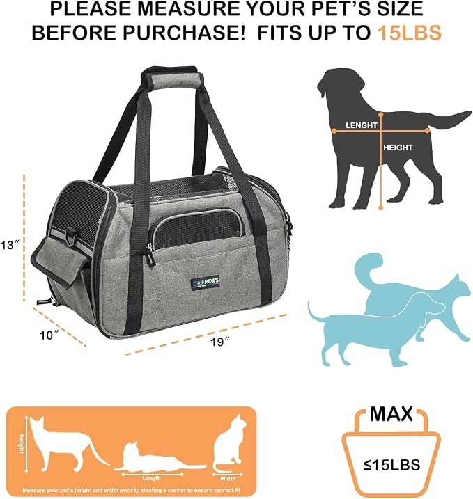 Jespet Airline Approved Soft-Sided Kennel Pet Carrier Travel Handbag | Lightweight, Foldable, Portable, Built-In Safety Leash, Luggage Sleeve, for Cats & Small Dogs, for Indoor & Outdoor