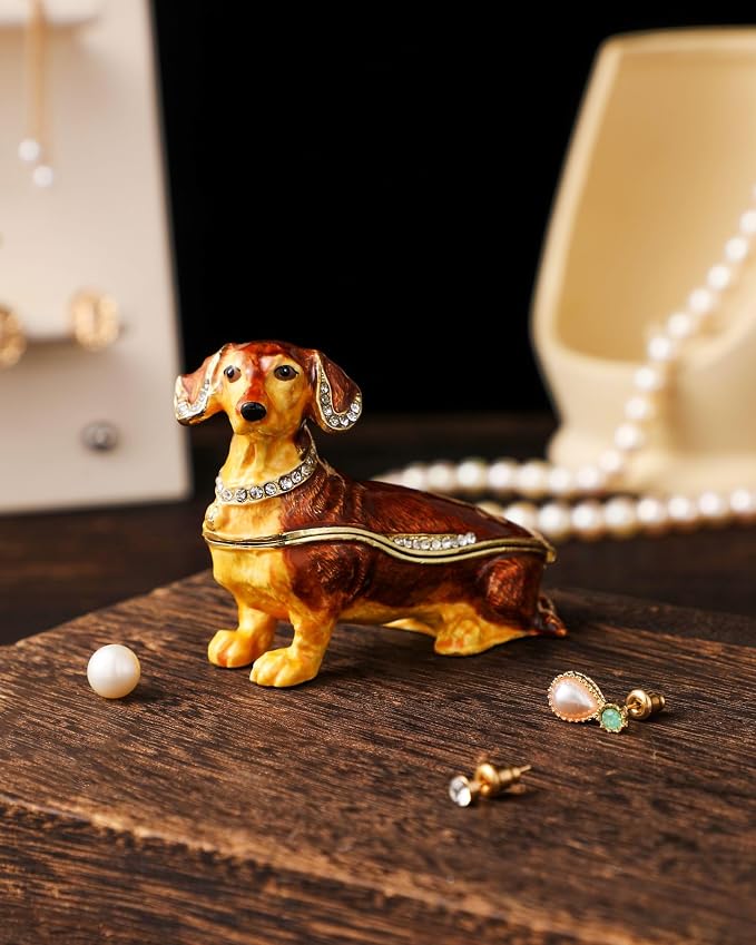 Hand Painted Trinket Box Enamel Vintage Jewelry Box Hinged Metal Jewelry Organizer Decorative Treasure Box Unique Gifts Dog C