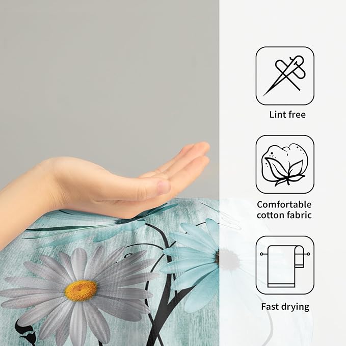 Giwawa Daisy Towel Set of 2, Spring Teal White Floral Hand Fingertip Towels, Turquoise Flowers Butterfly Face Kitchen Towel Fast Dry Dish Wash Cloth for Hotel Bathroom Gym Home Spa Decor