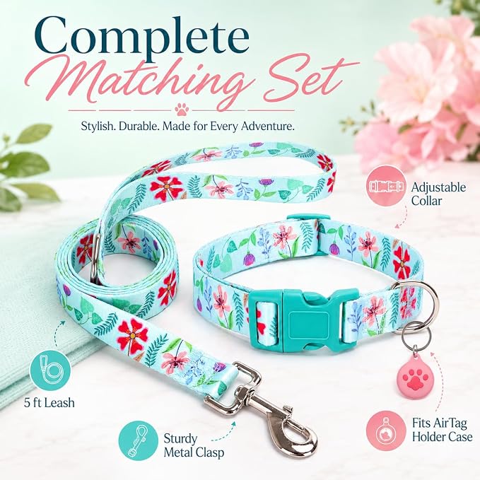 Floral Matching Dog Collar and Leash Set with AirTag Holder-Verdure Daisy/M | Anti-Lost,Adjustable Durable Pet Collar Leash Combo for Medium Boy Girl Dogs,for Outdoor Walking Hiking Training Running