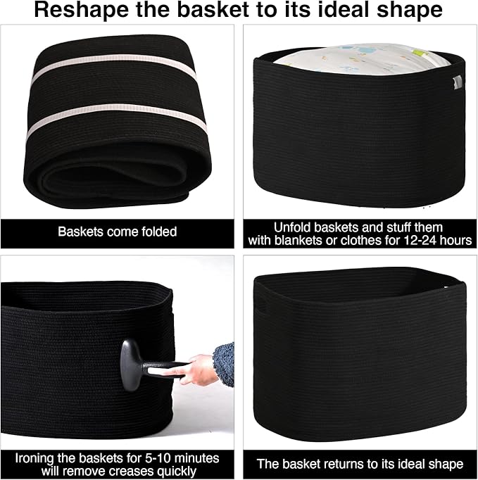 ICERZCZ Large Black Blanket Basket, Storage Baskets for Blankets, Woven Baskets for Storage, Woven Cotton Rope Basket for Toys, Clothes, Shoes, Books, Black, 25”x16”x16” (105L)