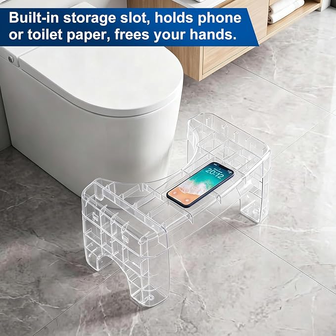 Toilet Stool for Adults, Bathroom Toilet Step Foot Stool | Acrylic, Shatterproof & Heavy Duty, Built-in Phone Storage Slot, Bathroom & Toilet, Adults & Elderly